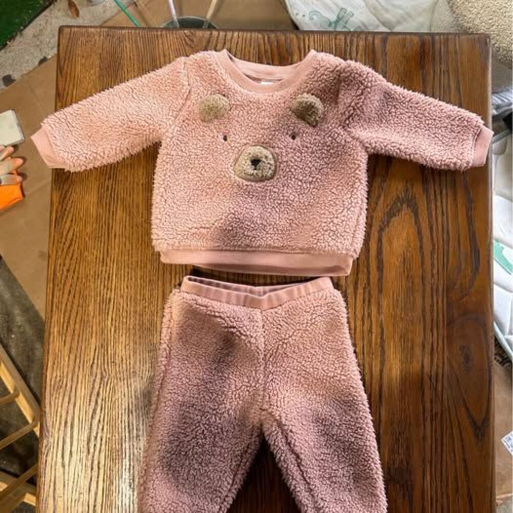 Pink Sherpa Teddy Bear Baby Outfit Set - 6 MONTH